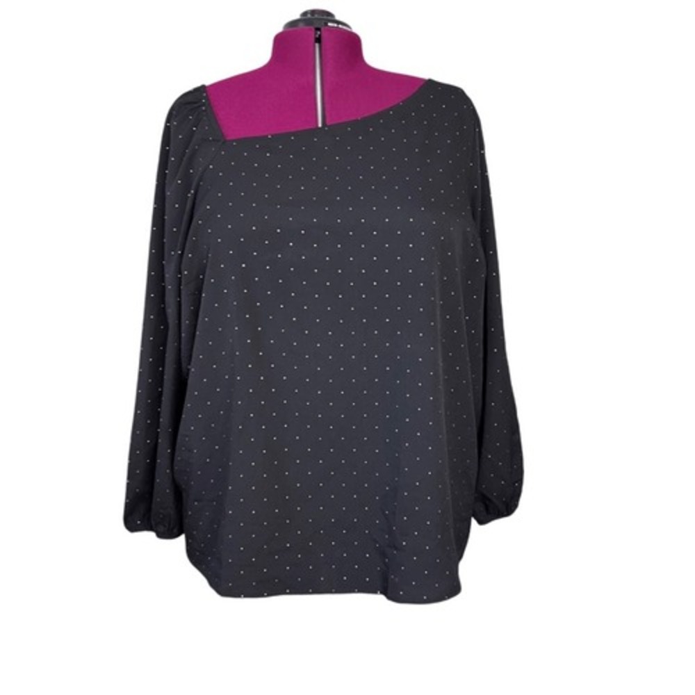 Lane Bryant Black Asymmetrical Neck Polka Dot Flowy Blouse 24 Slinky Sheer Danty
